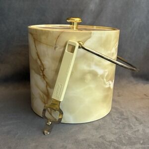 Vintage Faux Marble Ice Bucket w/ Brass Handle‎ + Kamenstein Opener USA Barware